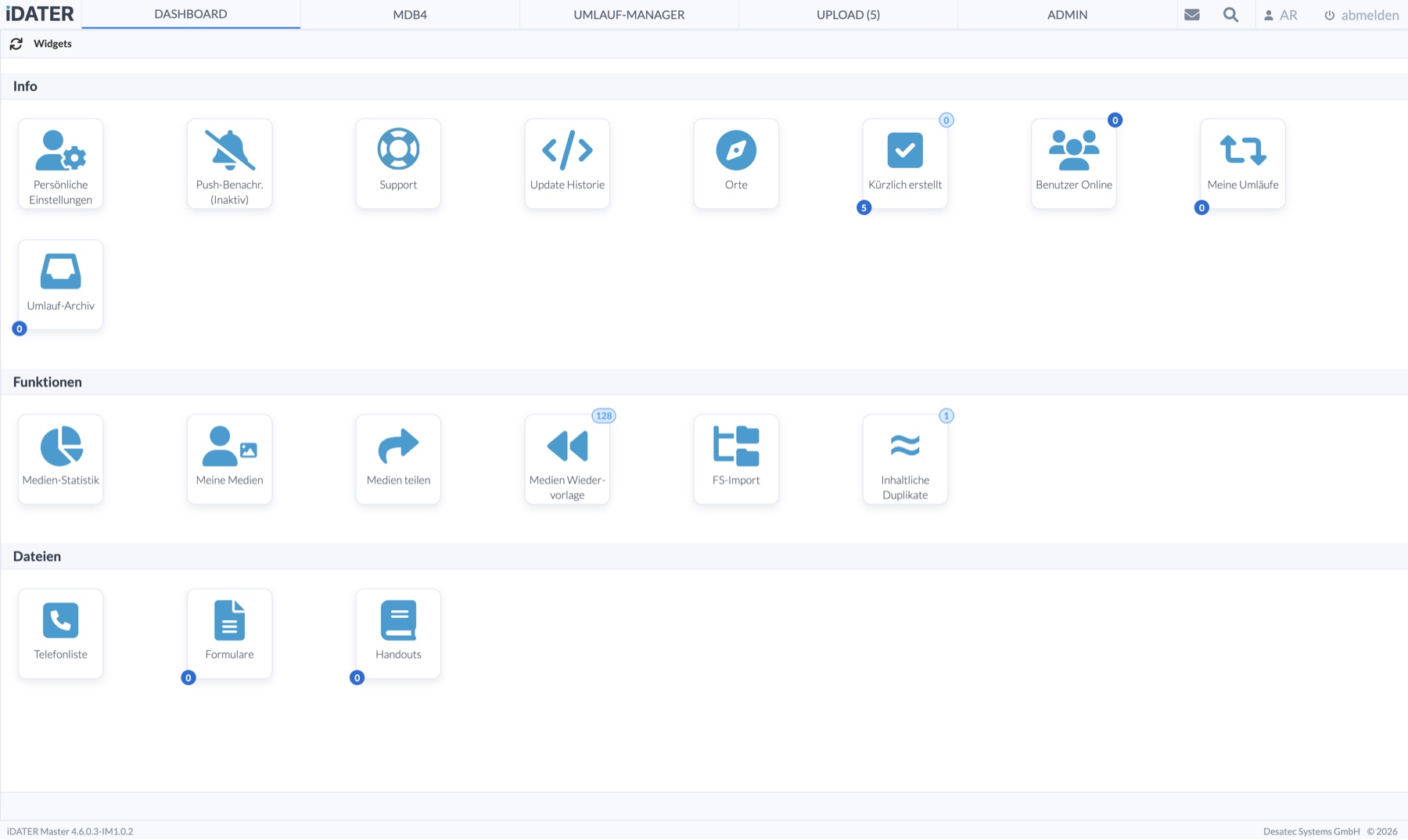 iDATER Dashboard mit Widgets